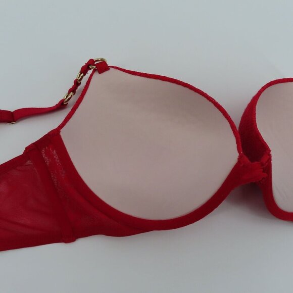 Victorias Secret 38C Very Sexy Push Up Bra Red Lace Gold Ring Underwire Padded - Picture 9 of 16